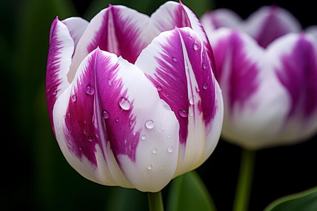 Foto maestosa bellezza incantevole primo piano di un fiore di tulipano viola e bianco ar 32