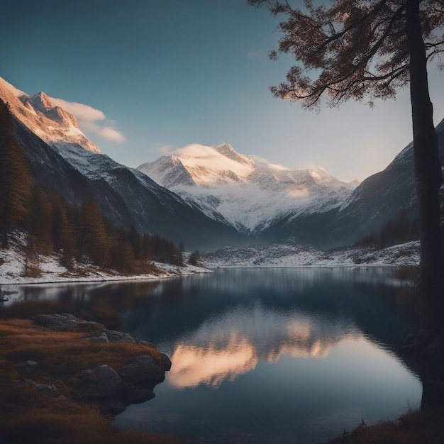 Majestic Beauty Serene Lake Nestled Amongst SnowCapped Mountains