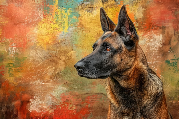 Majestic Belgian Malinois Dog Portrait tegen een kleurrijke kunstzinnige achtergrond in profielweergave