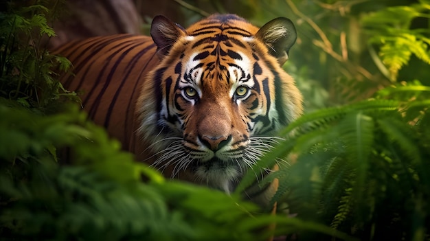 A majestic Bengal Tiger emerges from the lush green foliage of an ancient rainforest its striking orange fur contrasting against the vibrant shades of the surrounding leaves