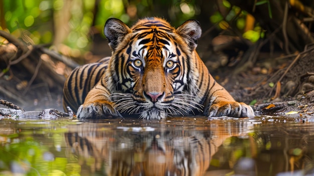 Majestic Bengal Tiger Lounging in Water Reflecting on Natures Beauty in a Wildlife Reserve