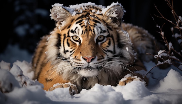 Majestic Bengal tiger staring fierce and furious in the snow generated by artificial intelligence