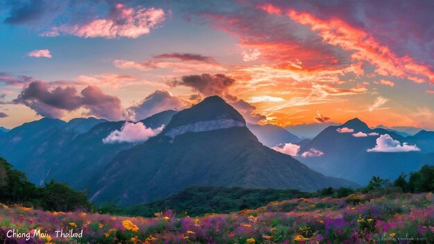 Majestic bergen landschap in zonsondergang hemel met wolken Chiang Mai Thailand