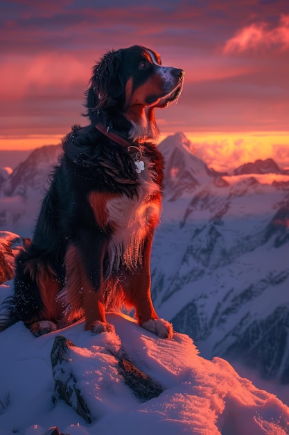 Majestic Bernese Mountain Dog zit op een besneeuwde piek bij zonsopgang met uitzicht op de levendige hemel