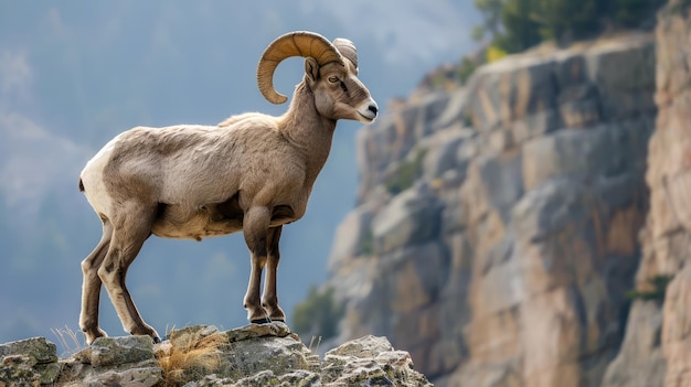 Majestic Big Horn Sheep staan op de rand van Rocky Cliff met Misty Mountain achtergrond in het natuur