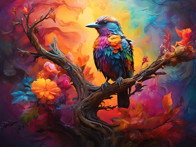 Photo a majestic bird perched on a mystical branch surrounded by vibrant genarated ai