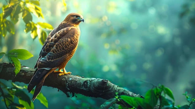 Majestic bird of prey perched on a branch in a serene forest Natural light illuminates the scene Ideal for wildlife and nature themes AI