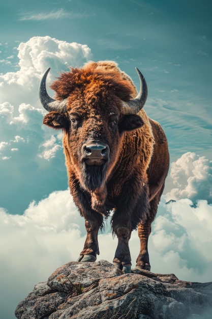 Majestic Bison Standing on Rocky Outcrop Against a Dramatic Cloudy Sky Wildlife in Natural Habitat