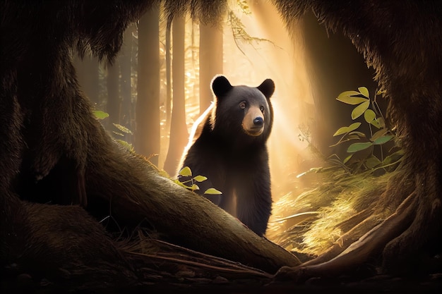 나무 사이로 비치는 아침 햇살과 함께 굴에서 나오는 장엄한 흑곰