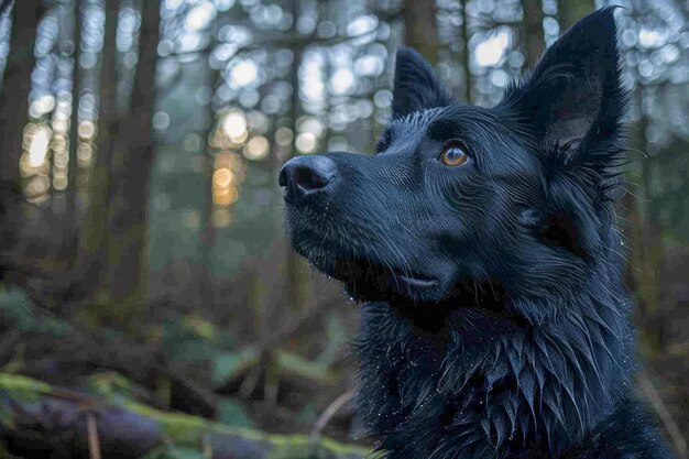 Majestic Black Dog in a Lush Forest at Twilight Intently Gazing Through the Trees with Intrigued