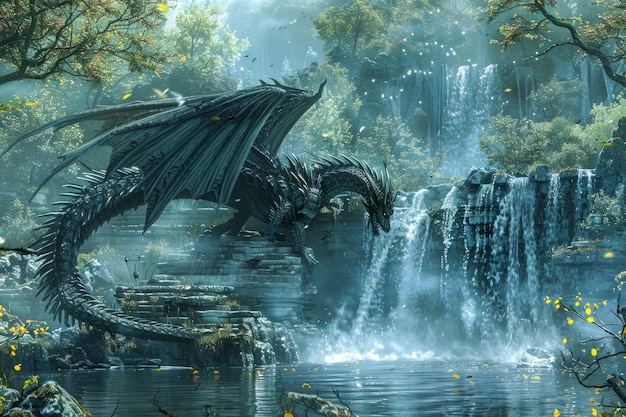 Majestic Black Dragon Perched on Cliff Overlooking Waterfall in Enchanted Forest Landscape