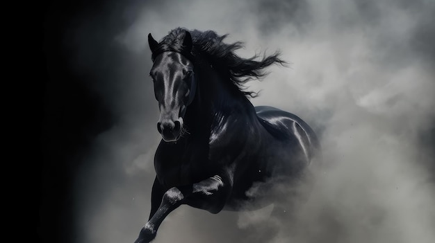 Majestic Black Horse Emerging from Ethereal Smoky Darkness