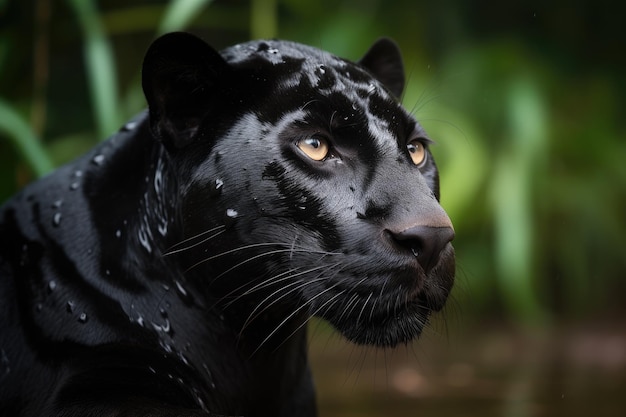 壮大な黒いパンサーがジャングルから現れ 猛烈な優雅さ 魅力的なエメラルドの目 創造的なIA