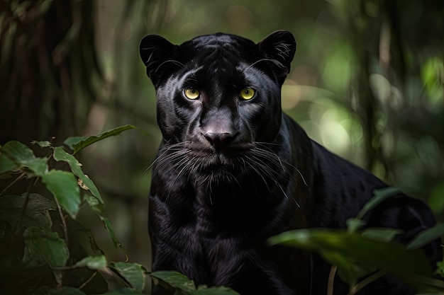 장엄한 검은 팬더가 정글에서 나타납니다. 격렬한 우아함. 매혹적인 에메랄드 눈.