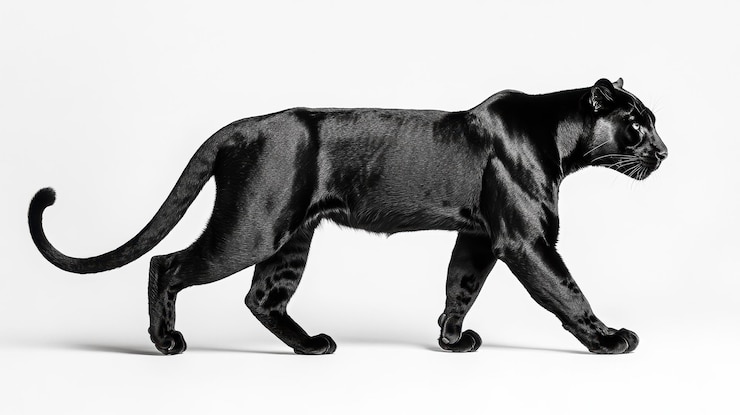 Photo majestic black panther walking elegantly against a white background showcasing its sleek fur and graceful movement in a studio setting