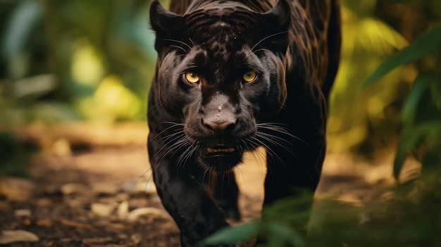 Foto la maestosa pantera nera che cammina nella giungla