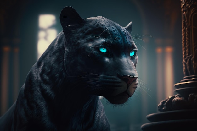 Majestic black panther with striking blue eyes a wild feline predator