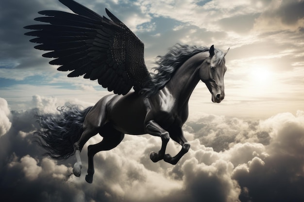 Foto maestoso cavallo pegaso nero che vola alto sopra le nuvole ia generativa