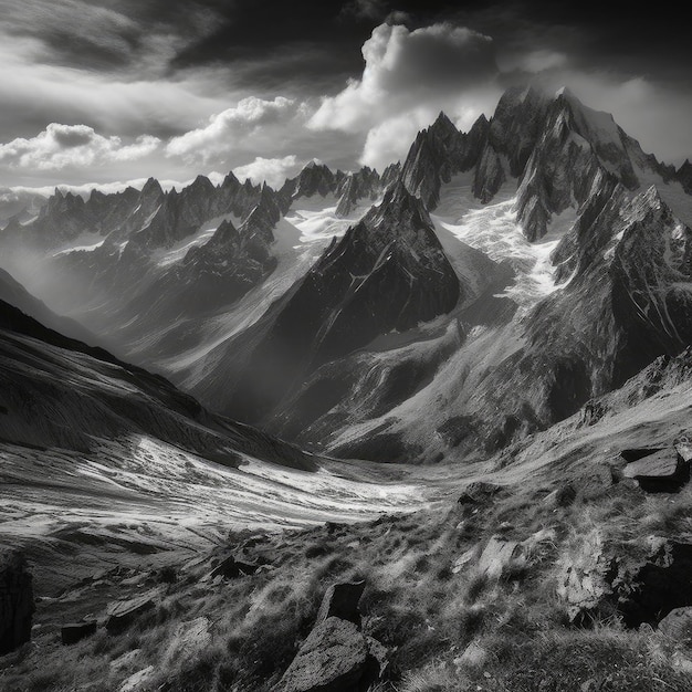 A majestic black and white mountain range