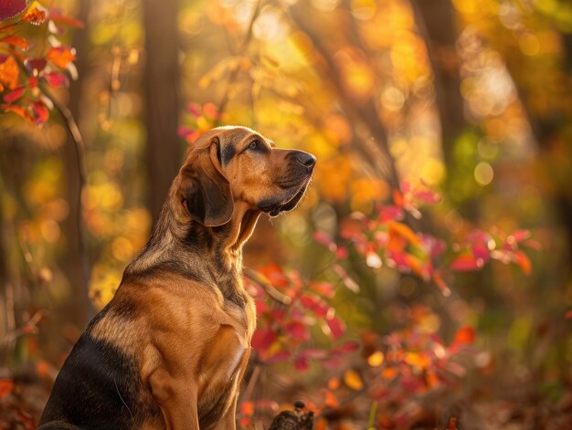 Фото Величественная охотничья собака, сидящая в пышном лесу