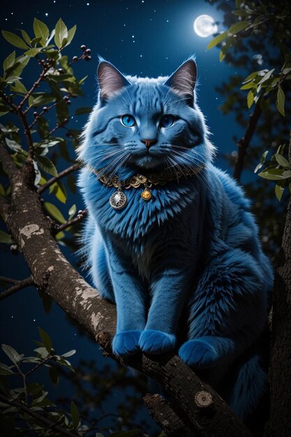 A majestic blue cat with piercingly bright eyes perched atop a tree branch in the moonlight