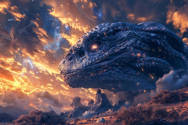 Majestic Blue Dragon Emerging from Clouds Fantasy Artwork Mystisch wezen tegen dramatische lucht