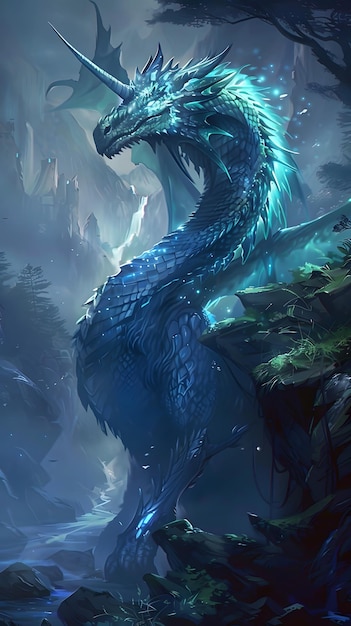 Majestic Blue Dragon in Enchanted Forest