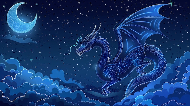 A majestic blue dragon soars through the starry night sky its wings outstretched and its tail trailing behind it