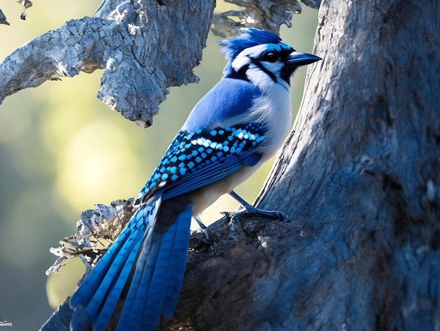 A majestic blue jay perched atop a gnarled tree branch its feathers shimmering in the sunlight