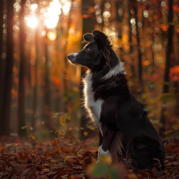 Majestic Border Collie sitting peacefully in lush forest setting