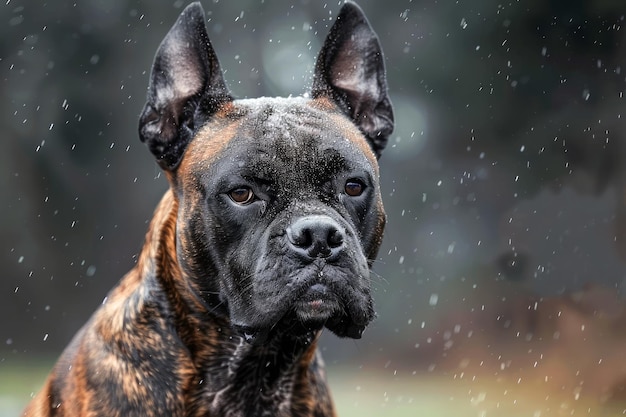 Photo majestic boxer dog portrait with intense gaze during light snowfall in natural outdoor setting