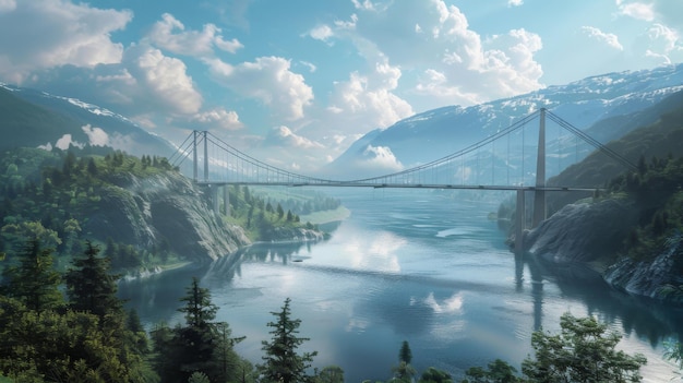 A majestic bridge spanning across a wide river connecting two shores and symbolizing unity progress and human ingenuity