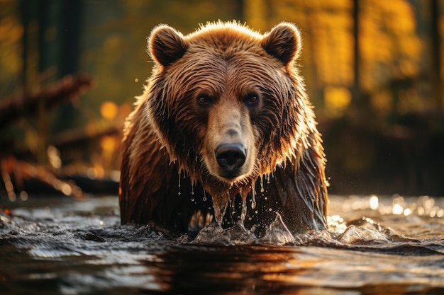 Majestic brown bear on the edge of a serene stream in the twilight forest generative IA