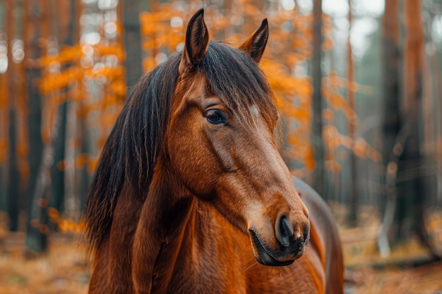 秋の森で輝くコートを持つ壮大な茶色い馬の肖像画自然の馬の美しさを設定する