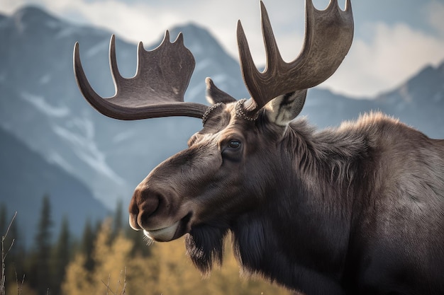 Majestic bull moose in closeup with stunning landscape in the background generative IA