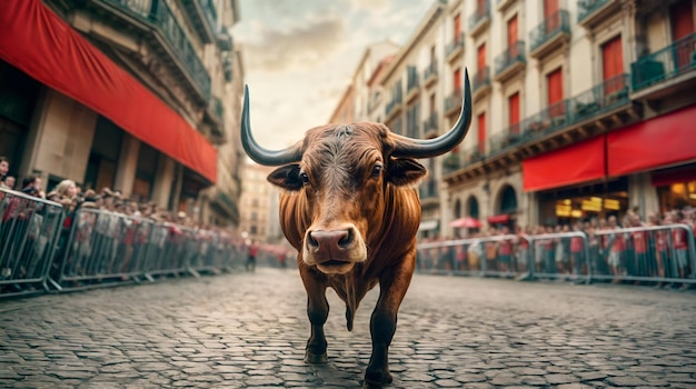 Photo a majestic bull stands regally in the street during san fermin generative ai