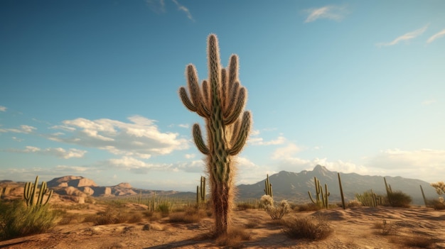 A Majestic Cactus in the Desert with Breathtaking Mountain Backdrop
