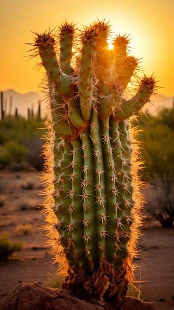 A Majestic Cactus Silhouetted Against a Setting Sun