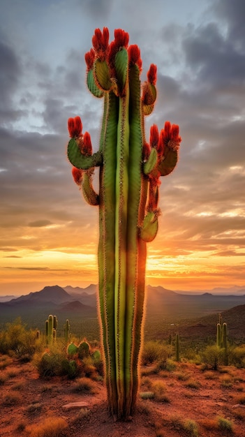 砂漠 の 中 で 高く 立っ て いる 壮大な カクタス