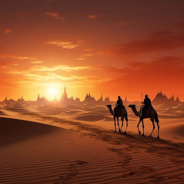 Majestic camel caravan against a desert sunset Dubai skyline silhouette For Social Media Post Size