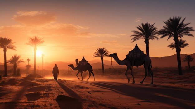 Foto maestosi cammelli e serenità del deserto un viaggio fotorealistico attraverso il sahara