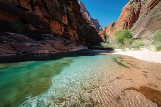 Majestic canyon with clear blue waters and white sandy beaches created with generative ai