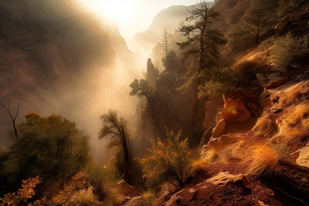 Photo majestic canyon with misty morning fog and the sun peeking through created with generative ai