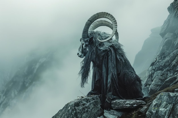 Majestic Capricorn Creature Standing on Mountain Cliff in Misty Landscape