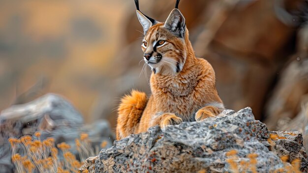 Photo a majestic caracal perched on a rocky outcrop its tufted ears alert and eyes focused intently on