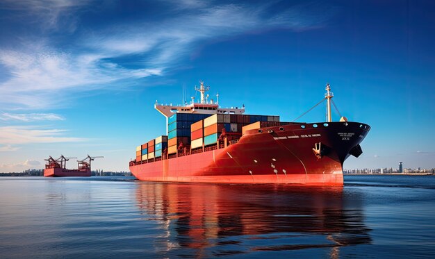 A Majestic Cargo Ship Sailing Gracefully Across Vast Blue Seas