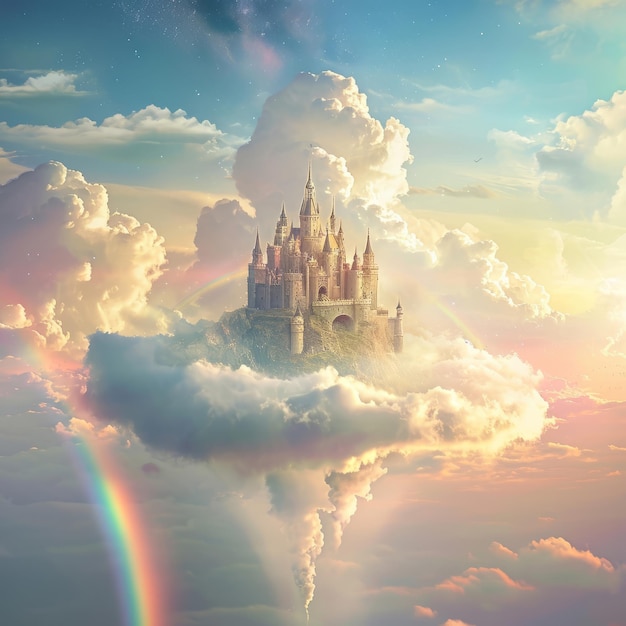 Majestic Castle in the Clouds With a Vibrant Rainbow