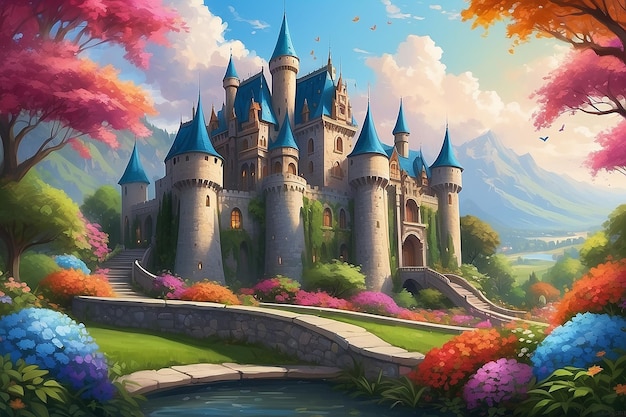 Majestic Castle Digital Painting Surrounded by Colorful Pappy Blooms