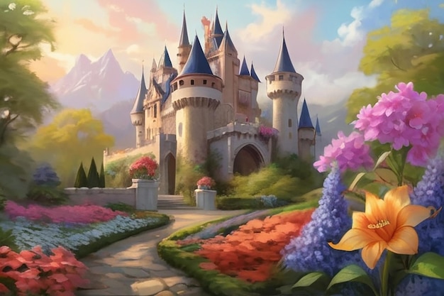 Majestic Castle Digital Painting Surrounded by Colorful Pappy Blooms