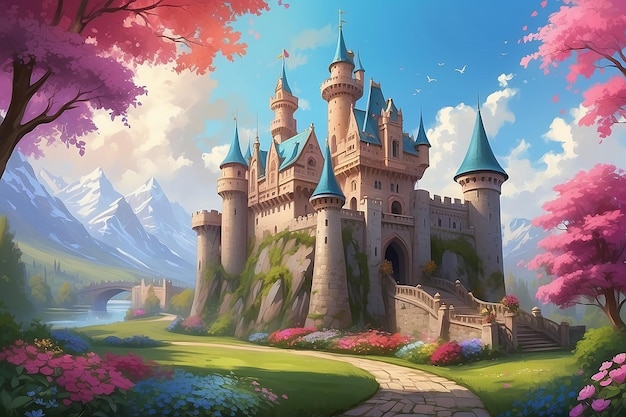 Majestic Castle Digital Painting Surrounded by Colorful Pappy Blooms